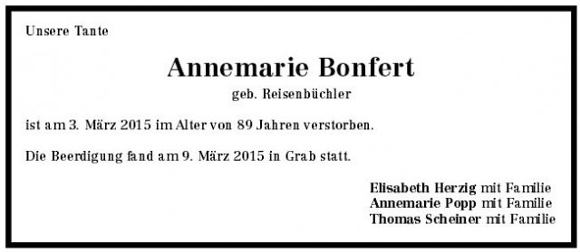 Reisenbuechler Annemarie 1926-2015 Todesanzeige